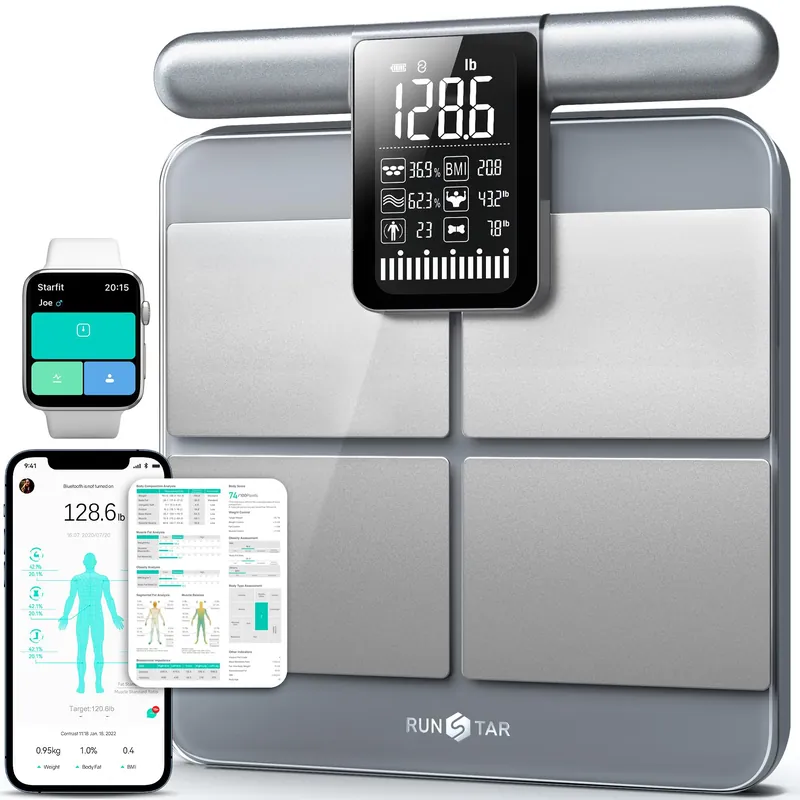 RunStar Scale for Body Weight and Fat Percentage, 8-Electrodes Precision Digital Smart Scale for BMI 28 Body Composition Measurement, Silver Bathroom Smart Scales with Large Display