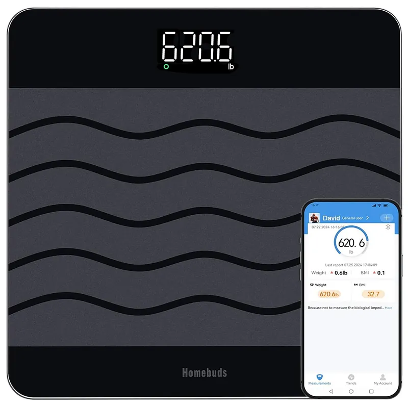 Homebuds 660lb Scale for Body Weight, Precision 0.1lb by Our Professional Scale Factory Since 2001, Smart Digital Weight Scale BMI Via APP, 8mm Non Slip Tempered Glass 12.4 * 12.4in, LED, Black