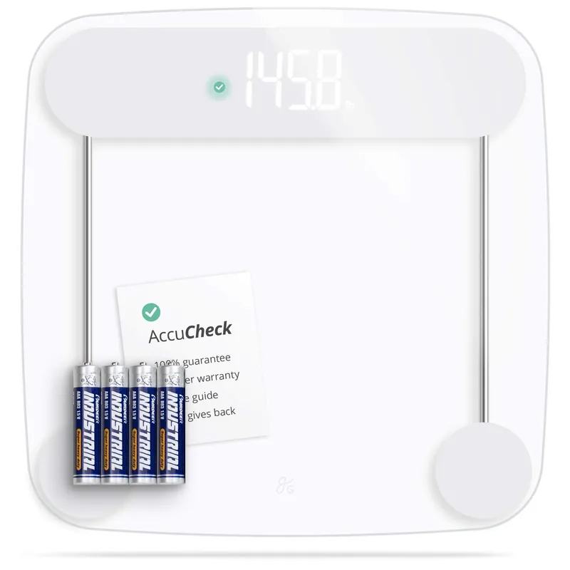 Greater Goods AccuCheck Digital Scale for Body Weight - Accurate Digital Bathroom Scale with High-Precision Sensors, Large Easy-to-Read Backlit Display, 400 lb Capacity, Auto Step-On (Clear)
