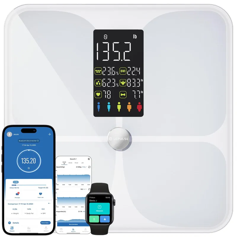 Lepulse Smart Body Fat Scale with Heart Rate, 4.68" Large Display BMI Scale, 20 Body Composition Metrics Muscle Mass, Body Fat Percentage, Bluetooth Digital Bathroom Scale with App for Home Fitness