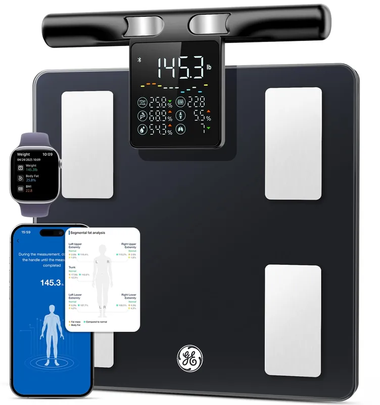 GE Smart Scale for Body Weight 8-Electrode Body Pod Fat Monitor with Full Body Composition Analysis, Bluetooth App Sync, Large Handle Display, 400lb Capacity Bathroom Scale for Home & Gym, Black
