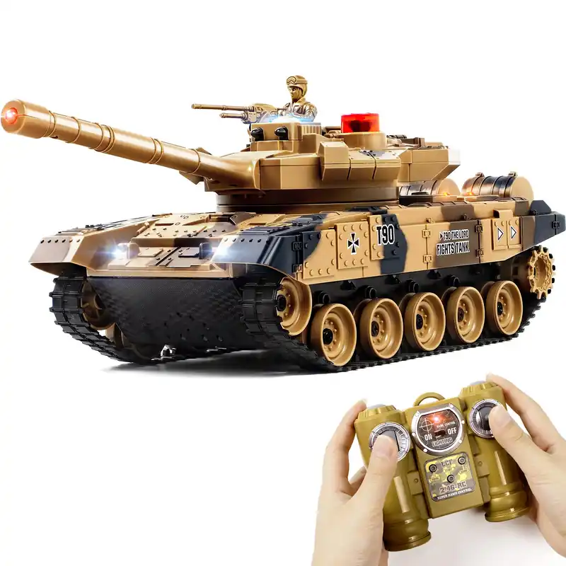 1/24 Remote Control Tank, 2.4Ghz Russian T-90 RC Tank & 330° Turret Rotation, 2× Rechargeable Batteries Army Toys for Boys, Infrared Battle Toy with Lights, Smoke and Sound Effect Gift for 4+ Kids.