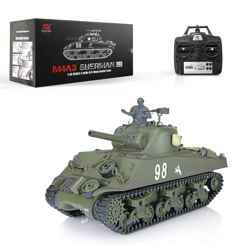 wheelfun Heng Long US in Stock, RC Tank 2.4G 1/16 Scale 7.0 Plastic Version M4A3 Sherman Smoking Unit Battle Tank Military Transport Vehicles 340° Rotating Turret IR Combat Model 3898 BB Airsoft