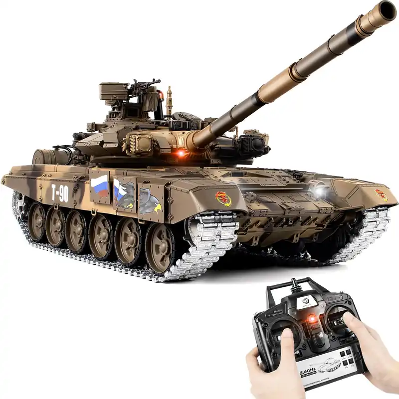 Supdex 1/16 RC Tank, Heng Long Russian T90 Army Toy with Smoke, Sound and Lights, 2.4G Remote Control Tank That Shoots with Upgraded Metal Tracks, Idler and Sprocket Wheel, Steel Gearbox, Batteries*2
