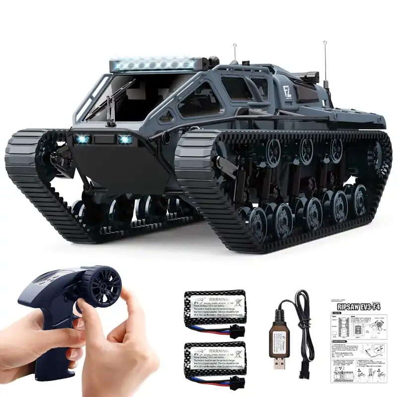 Mostop RC Tank Car, 1 16 Scale 2.4Ghz Remote Control Crawler High Speed Tank, Off-Road RC Tracked Vehicles 360°Rotating Drifting Car with 2 Batteries, Military Truck for Kids Adults, Gray