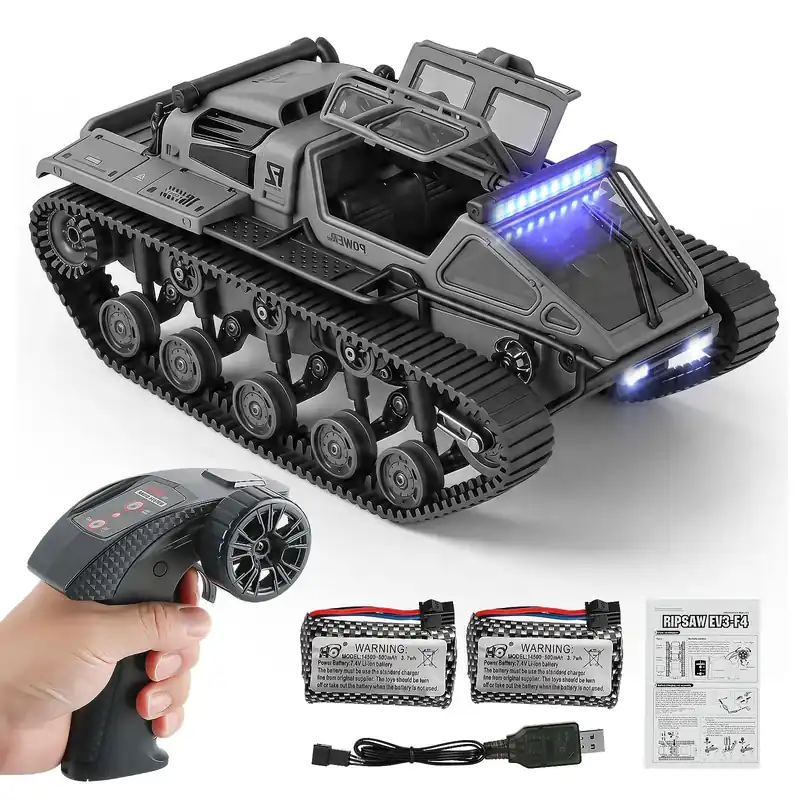 toylefun RC Military Tank Armored Fighting Car with LED Lights, 2.4G Remote Control, 1 16 Scale All-Terrain Vehicle, Dual Motor Drive, Door Open (【Grey】 Full Proportional RC Tank with 2 Batteries)