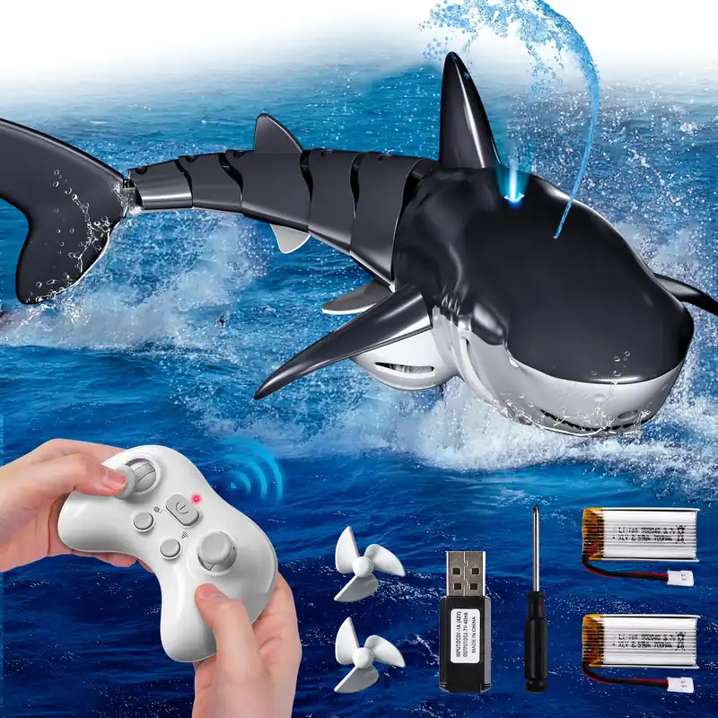 Remote Control Shark Toys for Boys Kids, 1 18 Scale High Simulation Shark for Pool, 2.4Ghz Electric RC Shark Boat Fish Toys with Light & Spray, Toy Shark Gifts for 6 7 8 9 Year olds Kid Boys Girls