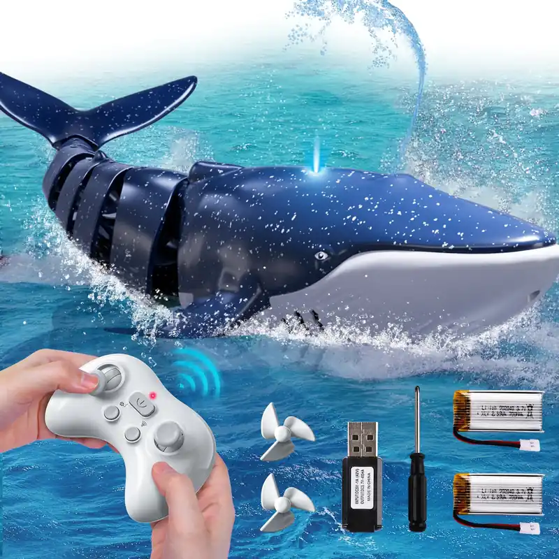Remote Control Whale Shark Toys for Boys Kids, 1 18 Scale High Simulation Shark for Pool, 2.4Ghz Electric RC Shark Boat Fish Toys with Light & Spray, Toy Shark Gifts for 6 7 8 9 Year olds Kid Boy Girl