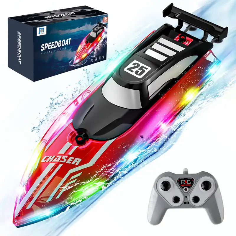 JOI MEW RC Boat for Kids with LED Lights, 2.4Ghz Remote Control Racing Boats for 8-12,Toy Water Boat for Pools & Lakes with Waterproof,Rechargeable Battery, for Boys Girls RED