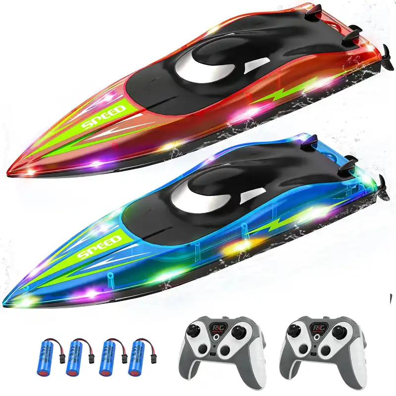 RC Boat with LED Lights - Toddler 14Inch Remote Control Boat for Kids and Adults, 2.4Ghz Fast RC Boats 15 KPH for Lakes & Pools with 4 Rechargeable Battery, Summer Toys Gifts for Kids Age 8-12 (2)