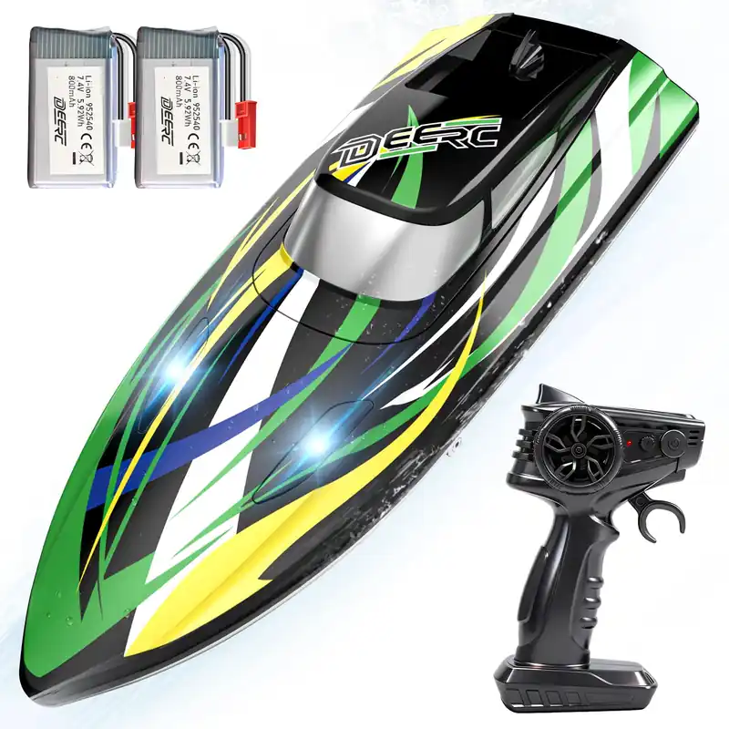 DEERC Fast RC Boat with LED Lights, 30+KM/H, High Speed Remote Control Racing Boat, Self-Righting, 2 Batteries, 24+ Mins, 2.4GHz Pool & Lake Toys for Kids & Adults