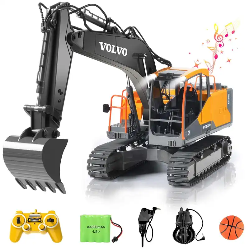 Double E Volvo 1 16 Scale Remote Control Excavator, 17 Channel 3-in-1 Construction Toy with Metal Shovel, Drill, Grab & Lights, 2.4GHz Full Function Digger for Outdoor Sandbox, Gift for Kids & Adults
