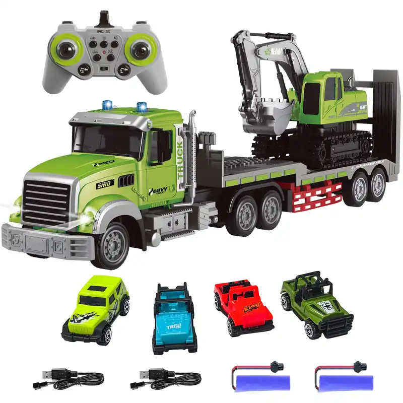 Fistone RC Semi-Trailer Truck & Excavator Toy Set, 1 12 Scale with Sound and Lights, 2.4Ghz Remote Control Flatbed Truck and Excavator Toys for Boys 6-12 Years Old