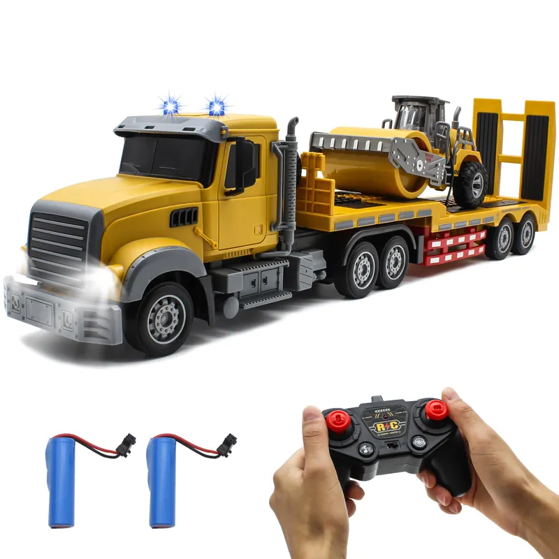 Fistone RC Semi Truck with Trailer, 1 24 RC Semi-Trailer Engineering Tractor with Sound and Lights, 2.4Ghz Remote Control Flatbed Truck with Road Roller Toys, Construction Vehicles Toy for Boys