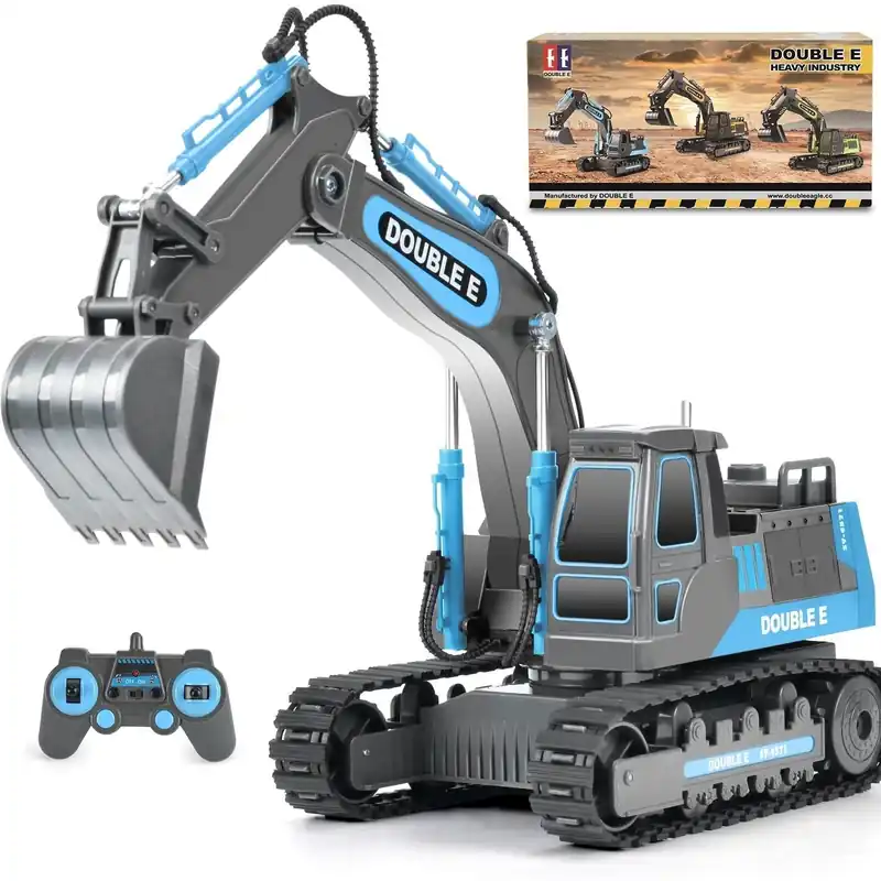 DOUBLE E Remote Control Excavator Toy RC Excavators Rechargeable Battery Digger Hydraulic Construction Toys Vehicles Xmas Gift for Boys Girls Kids 3-14 Years,Gray-Blue