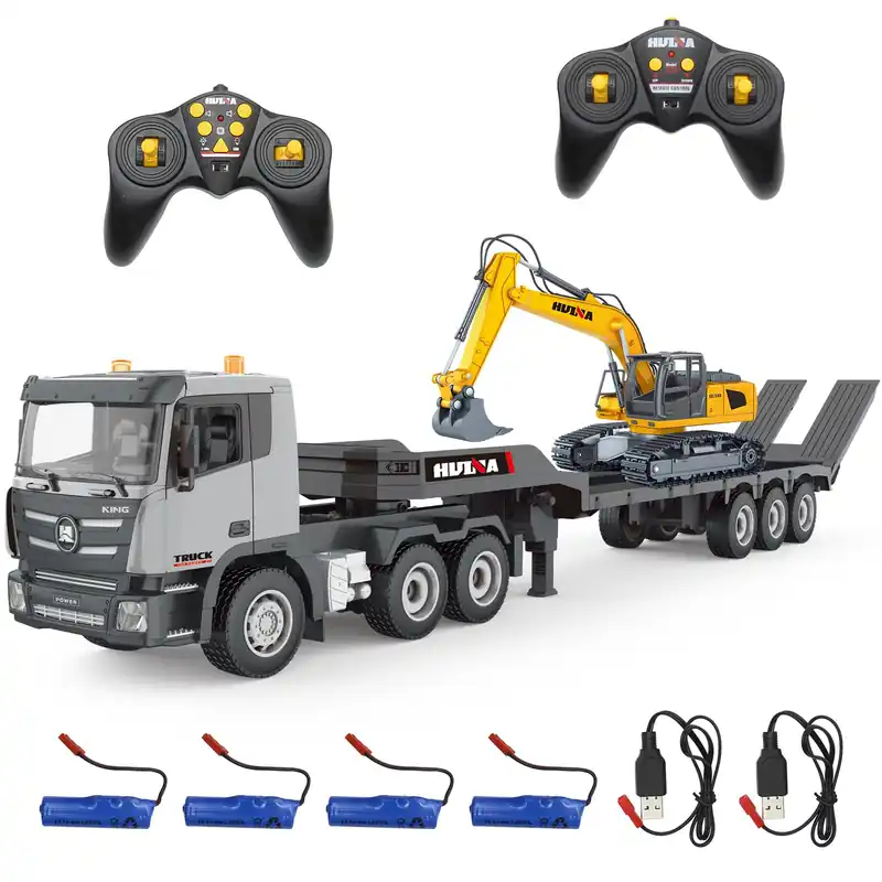 Fistone RC Semi Truck & Excavator Set, 2.4Ghz Remote Control Toys, 1 24 RC Semi-Trailer Engineering Tractor With Sound and Lights, Construction Vehicles for Boys