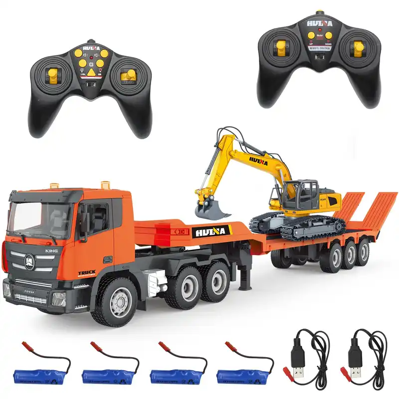 Fistone RC Semi Truck & Excavator Toy Set, 2.4Ghz Remote Control Flatbed Truck with Excavator Toys, 1 24 RC Semi-Trailer Engineering Tractor with Sound and Lights, Construction Vehicles Toy for Boys