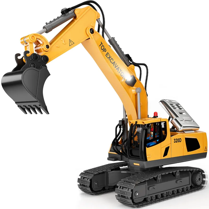 KIDMARKT Remote Control Excavator Toy for Boys 11-Channel Metal Construction Truck with Lights, 2×1200mAh Batteries, 120-Min Playtime RC Excavator Toys for Kids Ages 3-12, STEM Gift for Birthday