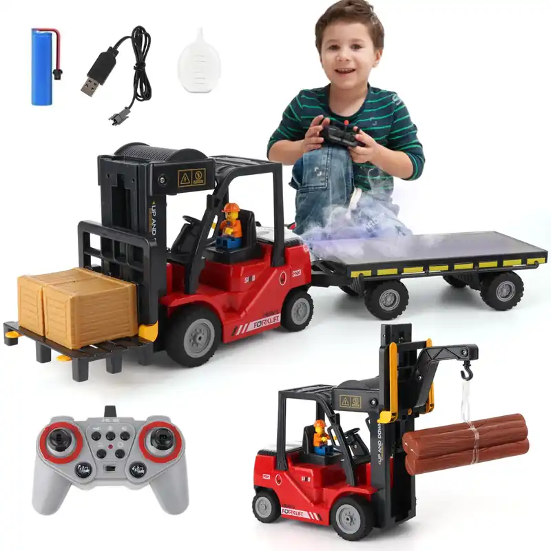 Mscredse RC Forklift with Trailer, 2 in 1 Transform Lift Fork & Hook, Kids Forklift Toy with Light & Sound & Spray, 11 Channel Remote Control Forklift, Construction Vehicles Toy Gift for Kids 6+ (Red)