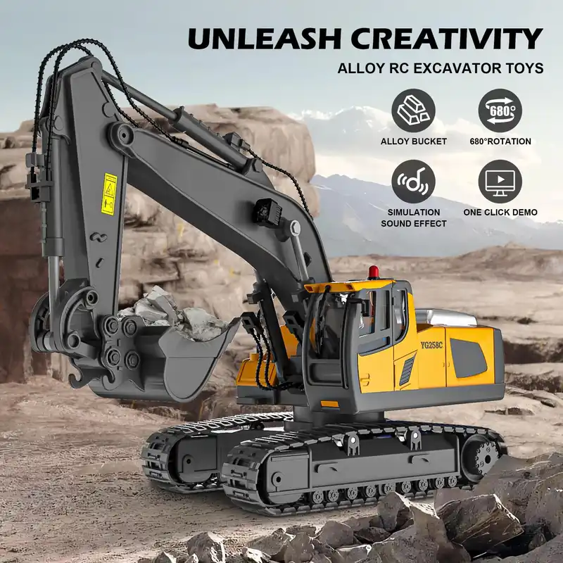 ADTHLIER Remote Control Excavator (11-Channel), Dump Truck, Bulldozer, Loader (9-Channel), 2.4GHz Remote Control Construction Vehicles, Metal Construction, with Cool Lights and Sound Effects, 4-Pcs