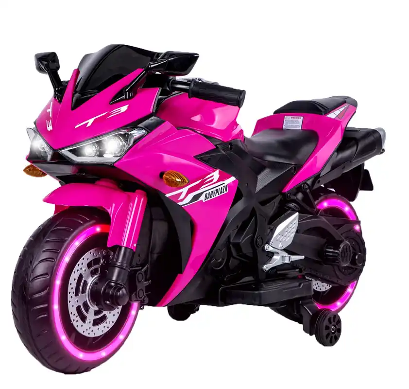 12V Electric Ride On Motorcycle for Kids, Training Wheels, Full Hand Drive Motorbike Toy, Perfect for Boys and Girls (3-8 Yrs) (Pink)