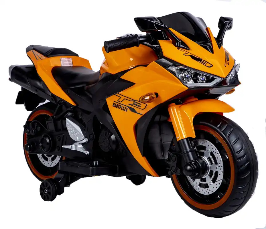 Electric Ride-On Motorcycle for Kids with 12V Motor, Training Wheels, Manual Throttle, Light Up Wheels, Music Player & Headlights - Ages 3-6 (Orange + Plastic + 50-99 Lbs)