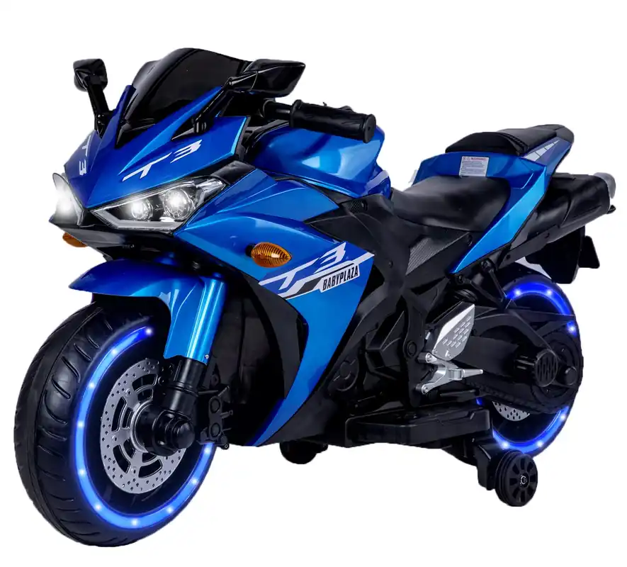 Electric Ride-On Motorcycle for Kids with 12V Motor, Training Wheels, Manual Throttle, Light Up Wheels, Music Player & Headlights - Ages 3-6 (Blue + Plastic + 50-99 pounds)