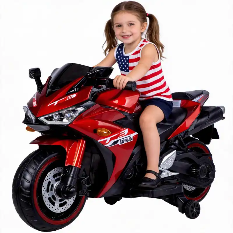 Kids Electric Motorcycle, 12V Kids Ride on Car LED Lights, Music Player & Horn with Training Wheels, Pedal, MP3, USB Port, Electric Motorcycle for Children Ages 3+, Gift for Boys & Girls(Red)