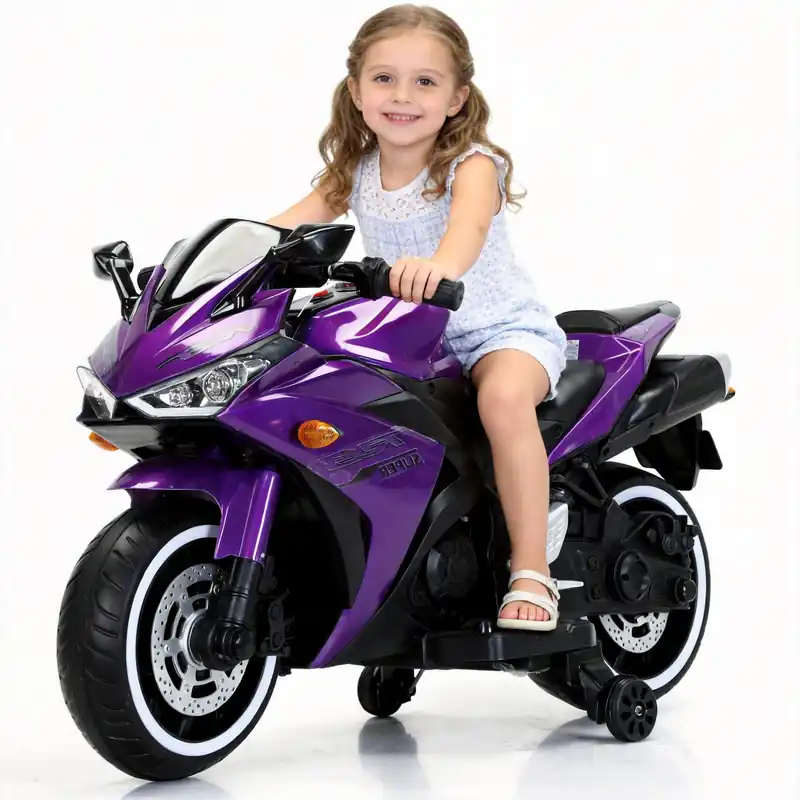 12V Kids Electric Motorcycle, on Car LED Lights, Music Player & Horn with Training Wheels, Pedal, MP3, USB Port, Electric Motorcycle for Kids Children Ages 3+, Gift for Boys & Girls(Purple)