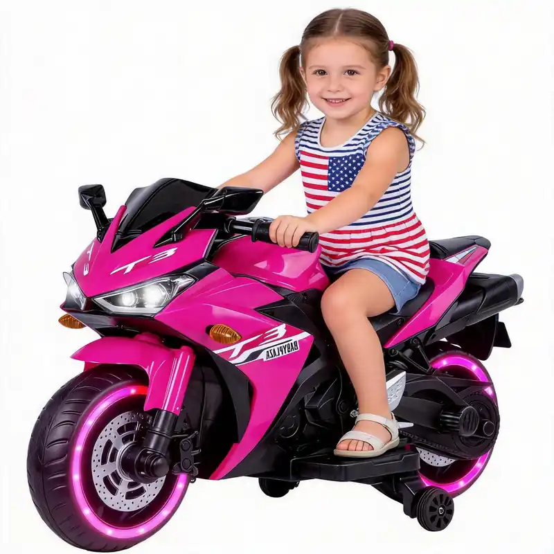 Kids Electric Motorcycle, 12V Electric Motorcycle on Car LED Lights, Music Player & Horn with Training Wheels, Pedal, MP3, USB Port, Motorcycle for Kids 3-6, Gift for Boys & Girls(Pink)