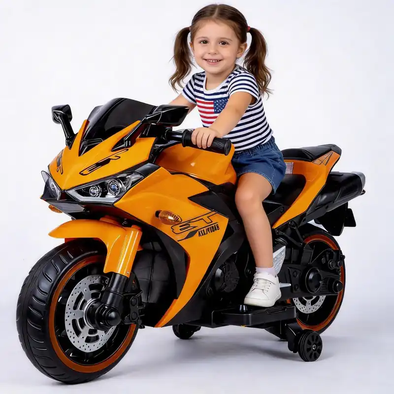 Children‘s Electric Motorcycle - 12V Electric Motorcycle, Manual Throttle, LED Wheel hub, Music Function, Suitable for Outdoor Riding- Ages 3-6 (Orange + Plastic + 50-99 Lbs)