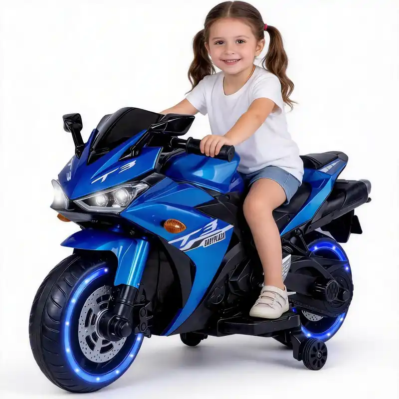 Kids Electric Motorcycle, 12V Kids Ride on Car LED Lights, Music Player & Horn with Training Wheels, Pedal, MP3, USB Port, Electric Motorcycle for Children Ages 3+, Gift for Boys & Girls(Blue)