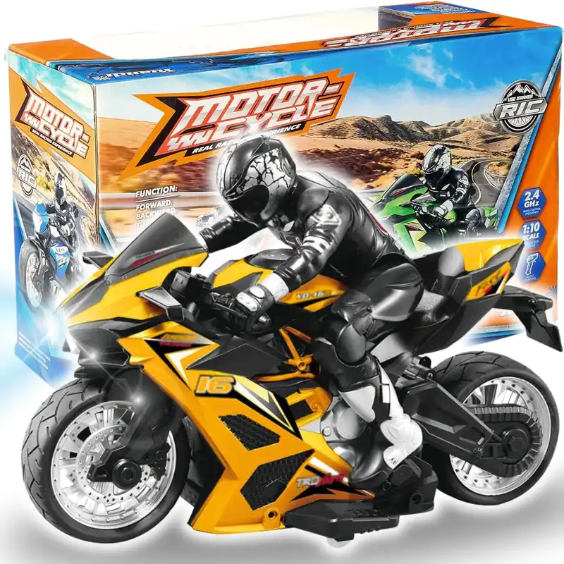Liberty Imports 2.4G RC Remote Control Stunt Motorcycle with Riding Figure, 1 10 Scale High Speed Cross Country 360 Degree Rotation Drift Shockproof Racing Motorbike (Yellow)