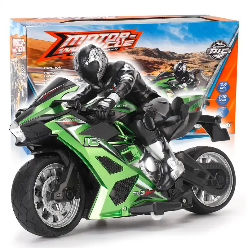 Liberty Imports 2.4G RC Remote Control Stunt Motorcycle with Riding Figure, 1 10 Scale High Speed Cross Country 360 Degree Rotation Drift Shockproof Racing Motorbike (Green)