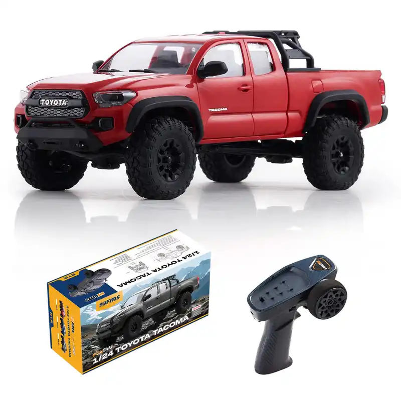 FMS 1/24 FCX24MS Toyota Tacoma S RC Crawler, Officially Licensed RC Truck 2 Speeds Switch with LED Lights, Off-Road RC Model for Adults (Red)
