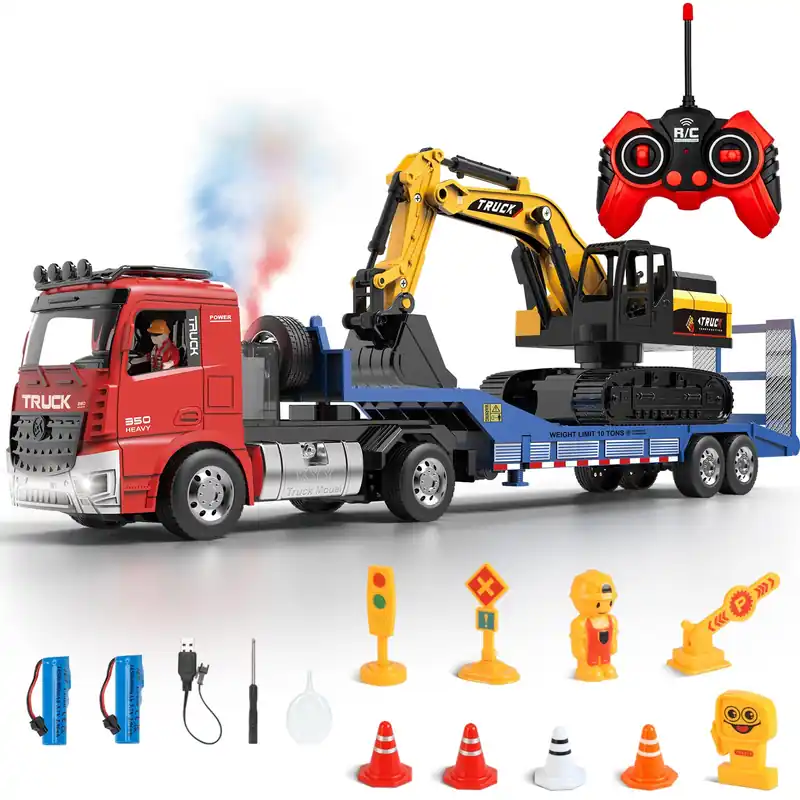 Fistone RC Semi-Trailer Truck & Friction Powered Excavator Toy Set, 1 24 Scale with Sound and Lights, 6 CH Remote Control Flatbed Truck and Inertia-Powered Excavator Toys for Kids Boys,Red