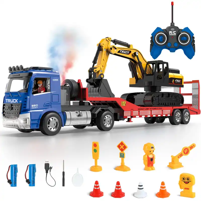 Fistone RC Semi-Trailer Truck & Friction Powered Excavator Toy Set, 1 24 Scale with Sound and Lights, 6 CH Remote Control Flatbed Truck and Inertia-Powered Excavator Toys for Kids Boys, Blue