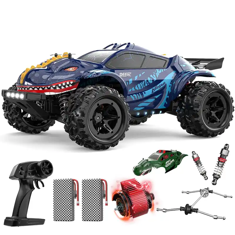 DEERC 9308E 1 16 Fast RC Cars for Boys Age 8-12 RC Monster Truck 40 KPH,All Terrain 4WD High Speed Dinosaur Truck 2 Car Shell,2.4Ghz Off-Road Remote Control Cars with 2 Batteries, Toy Gift for Kids