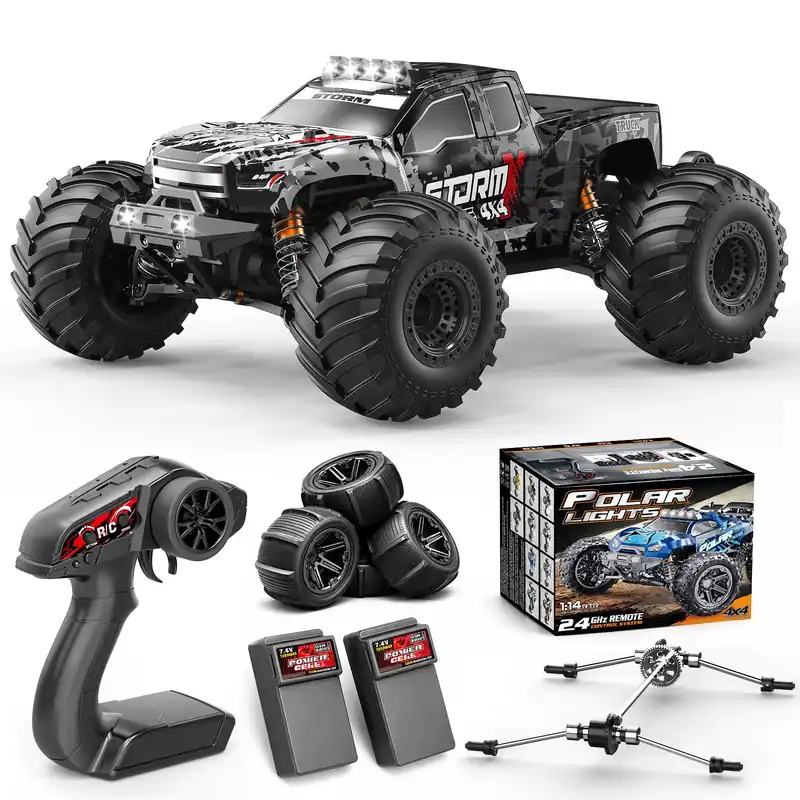 Womaqu RC Cars 1 14 4WD Off-Road RC Monster Truck High Speed 40 km/h, 4x4 Remote Control Car with 2 Rechargeable 1300mAh Batteries and 2 Sets of Tires for Adults & Boys