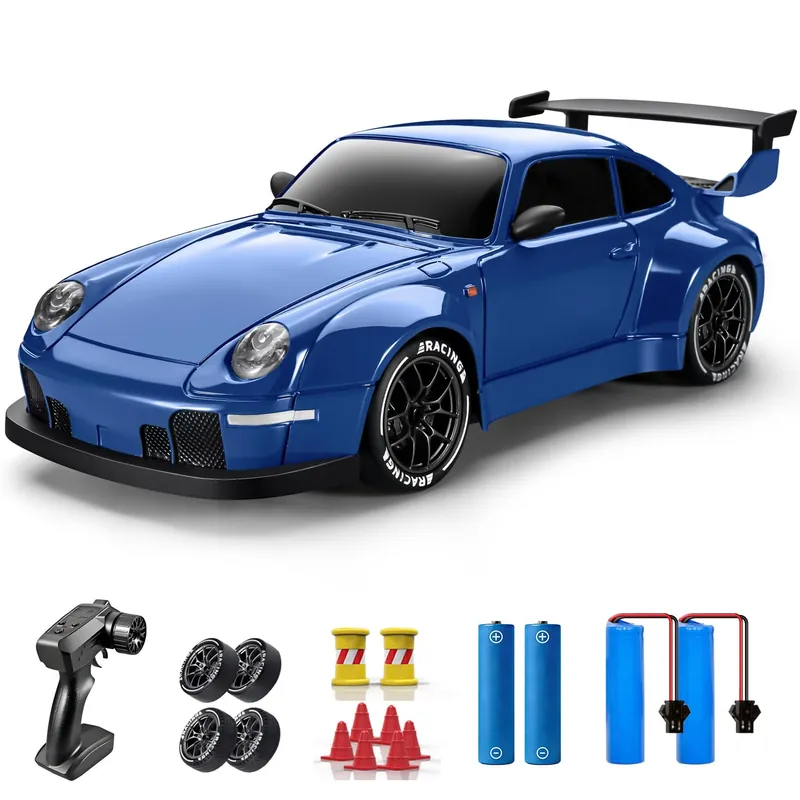 ACAMMZAR RC Drift Car, 1 24 Remote Control Car for Kids, 20KM/H 4WD High Speed RC Cars with LED Lights, Two Batteries, Extra Drifting Tires, Vehicle for Adults Boys Girls, Blue