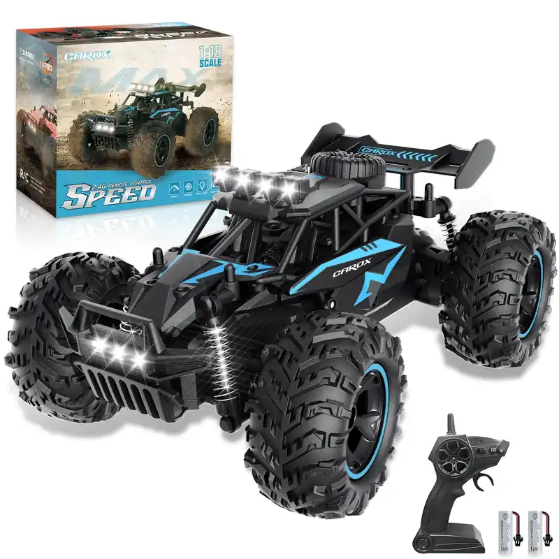 Carox Remote Control Car & RC Cars, 2.4GHz 25KM/H High Speed RC Car, 1 18 Off-Road Monster Truck with LED Lights and 1800mAh Rechargeable Battery–Blue