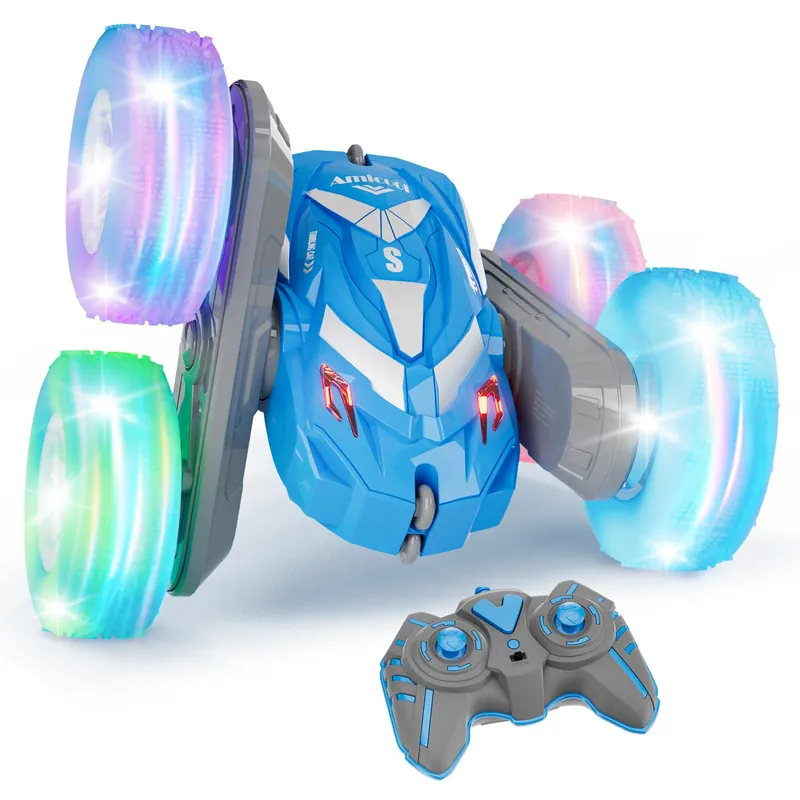 Amicool Remote Control Car for Boys 6-12 with Flashing Lights – 4WD Double-Sided 360° Flip Stunt RC Car Birthday Indoor & Outdoor Play Blue