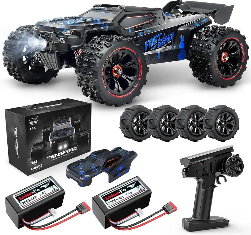 1 14 Scale RC Cars for Adults, 60KPH High Speed RC Truggy, 4X4 Off-Road Remote Control Truck, Waterproof Electric Car with 2S Battery, All Terrain RC Vehicle for Snow, Sand, Beach & Rocky Surfaces