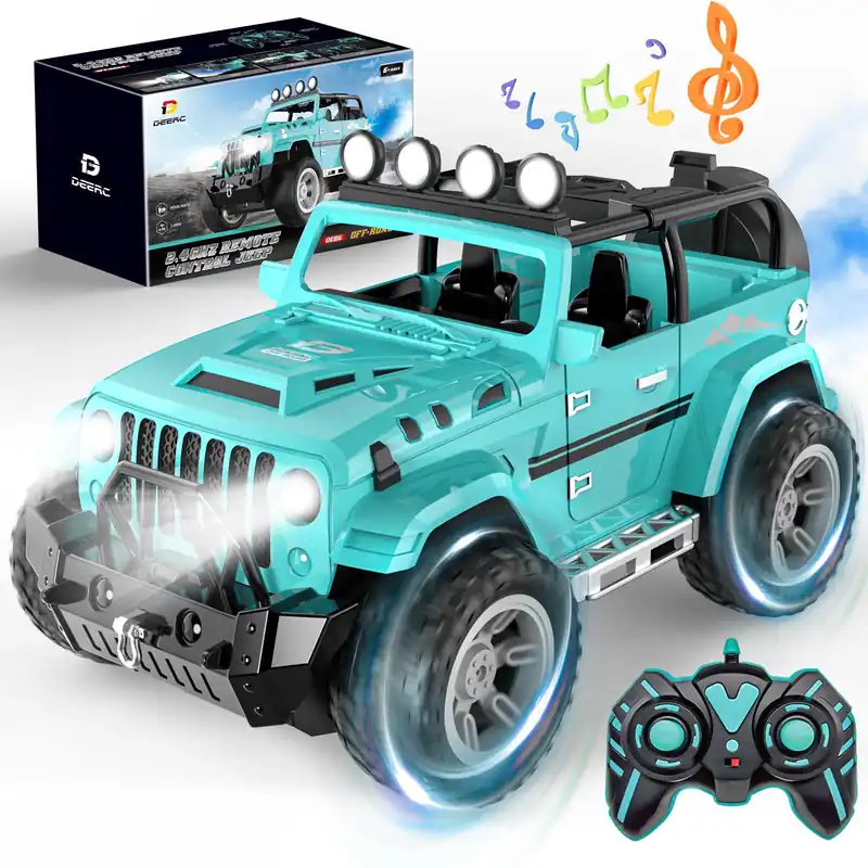 DEERC Remote Control Car with Fog Mist & Music, 1 16 Remote Control Truck for Boys, 2.4Ghz RC Car Toy with 2 Batteries, All Terrain SUV Gifts Crawler with Trailer Hitch