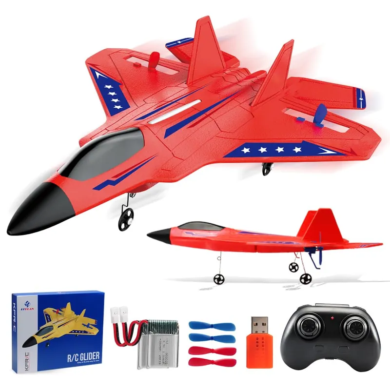 Fremego F-22 Raptor RC Plane 2.4GHz RC Airplane Fighter Toy Ready to Fly Remote Control Airplane Easy to Fly RC Glider Sports for Kids & Beginners (Red)