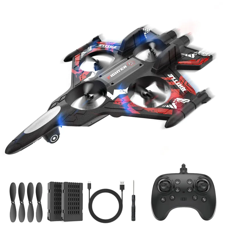 BEZGAR Drones for Kids 2.4GHZ RC Plane Remote Control Airplane, Mini Stunt Plane Helicopter, 360° Flip Fighter Jet Toy with Colorful LED Navigation Lights Red, Toys for ages 8-13