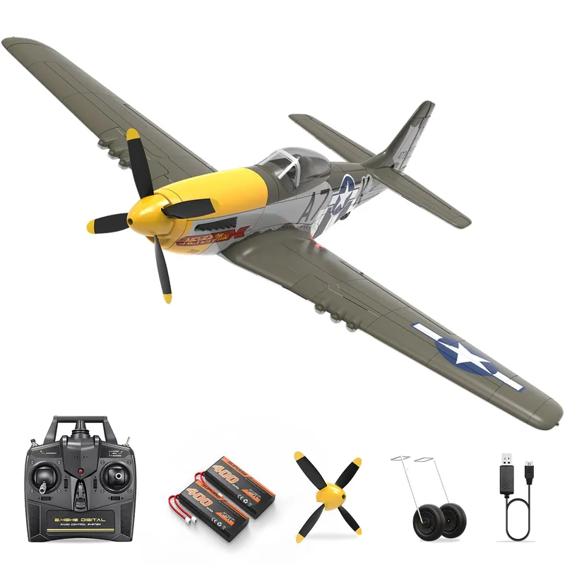 HAWKโS WORK RC Plane P-51D Mustang 500mm, 4 Channel Remote Control Warbird RTF, Brushless Motor 6-axis Gyro 3 Flight Modes, Easy to Fly for Beginners Boys & Adults