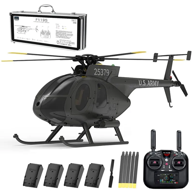 rcxperts YU Xiang F119S MD500 Remote Control Helicopter, 1/16 2.4G 9CH 250-Class 6-Axis Gyro Military RC Helicopter with 6G/3D Switchable Modes and Optical Flow for Adult(Black/4 Battery)