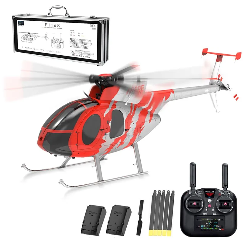 rcxperts YU Xiang F119S MD500 Remote Control Helicopter, 1/16 2.4G 9CH 250-Class 6-Axis Gyro Military RC Helicopter with 6G/3D Switchable Modes and Optical Flow for Adult(Red & Sliver/2 Battery)