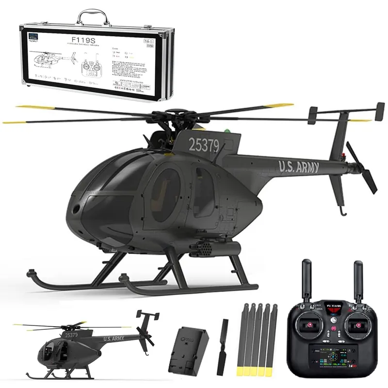 rcxperts YU Xiang F119S MD500 Remote Control Helicopter, 1/16 2.4G 9CH 250-Class 6-Axis Gyro Military RC Helicopter with 6G/3D Switchable Modes and Optical Flow for Adult(Black/1 Battery)